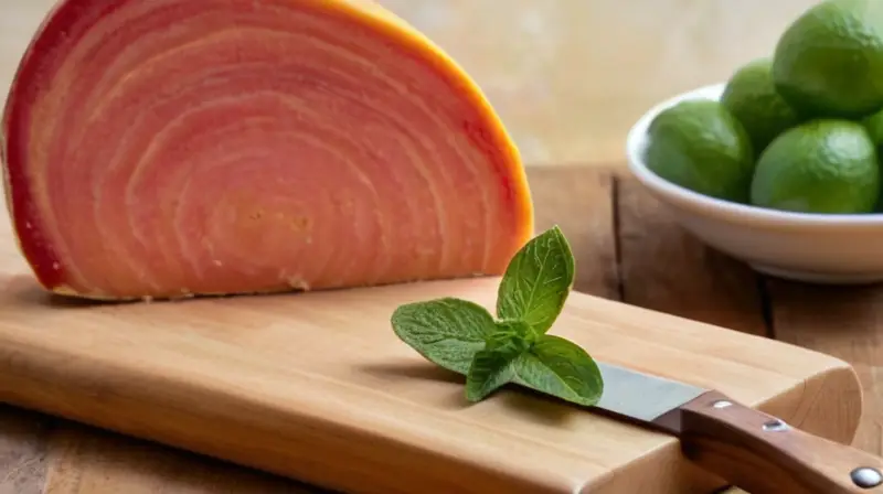 Una tabla de madera con guayaba, queso blanco y menta, iluminada por luz natural, crea una composición cálida y armoniosa