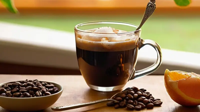 Una mesa de madera rústica con una taza de espresso, una cuchara plateada, cáscara de naranja, luz natural y un ambiente acogedor