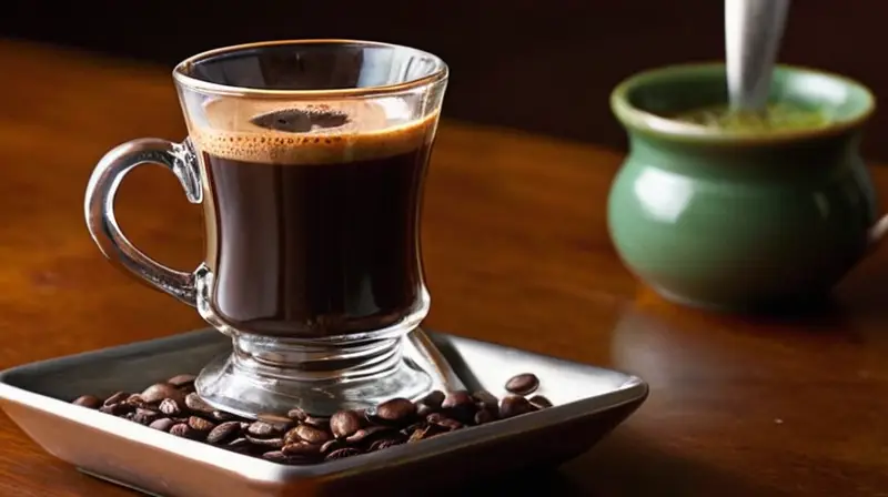 Una mesa rústica de madera con una taza de espresso humeante, un vaso de brandy, y un toque de menta, todo iluminado por la luz natural en un ambiente acogedor