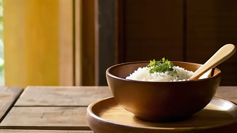 Una mesa rústica con arroz humeante, anillos de calamares dorados, perejil fresco, salsa de tomate y una cuchara de madera, todo iluminado por la luz cálida del sol