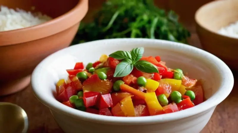 Una mesa de cocina rústica con luz cálida, ingredientes frescos y coloridos listos para cocinar