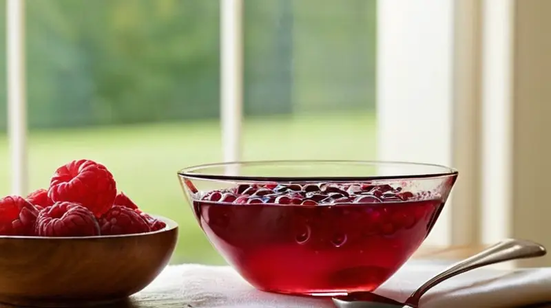 Cómo se hace la gelatina de sobre: Gelatina Royal fácil y deliciosa 7 Un tazón de vidrio claro con gelatina roja brillante, burbujas delicadas y fresas al lado, todo iluminado por la luz natural en una cocina acogedora