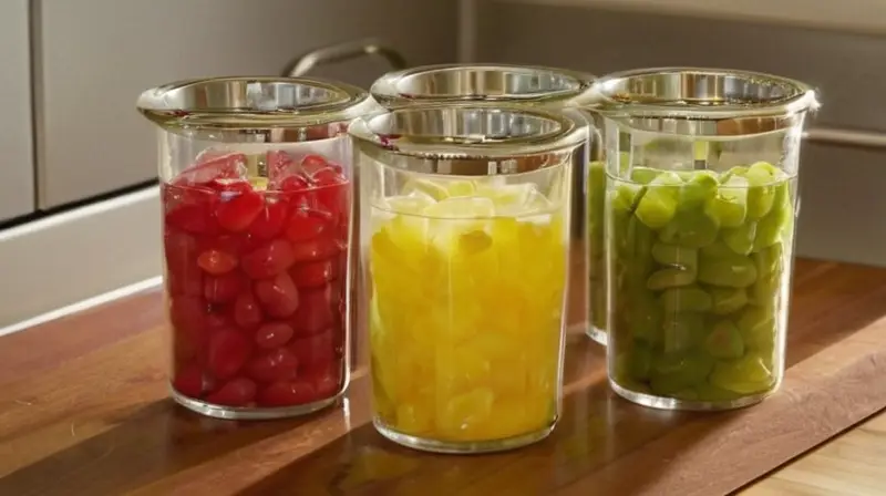 Cómo se hace la gelatina de sobre: Gelatina Royal fácil y deliciosa 6 Una cocina acogedora con coloridos paquetes de gelatina, un bol con agua caliente y frutas frescas, todo iluminado por una suave luz