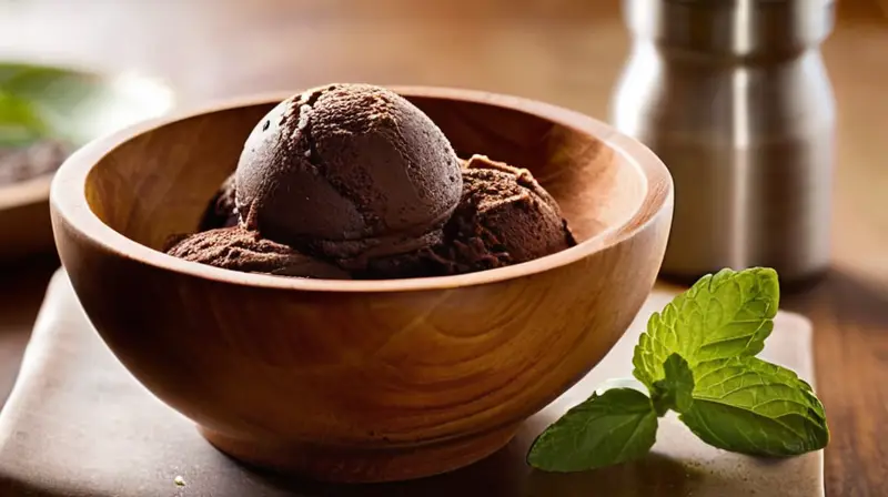 Helado de chocolate oscuro y cremoso en un tazón de madera