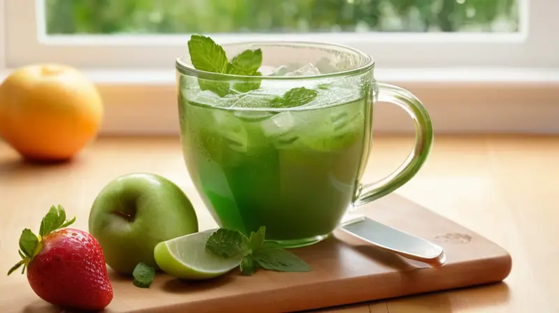 Una cocina luminosa y vibrante presenta frutas frescas, un pitcher de jugo colorido y un ambiente saludable y acogedor