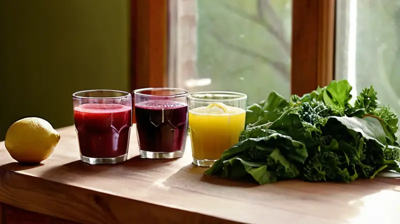 Jugos para bajar el azúcar: 7 opciones naturales efectivas 7 Una mesa de madera con jugos coloridos y frutas frescas iluminada por la luz del sol crea un ambiente saludable y acogedor