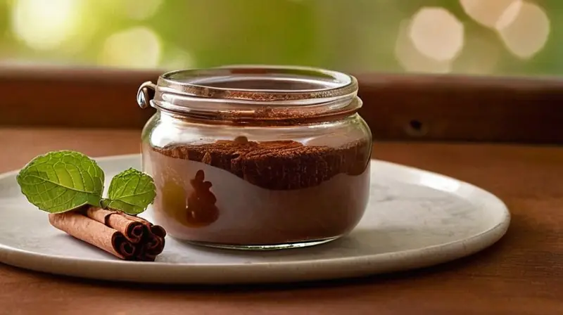 La canela: beneficios, tipos y precauciones en su consumo 5 Una mesa de madera con tonos marrones, canela esparcida, un frasco de vidrio con canela molida, hojas de menta y un tazón blanco con una bebida humeante, todo en un ambiente cálido y rústico