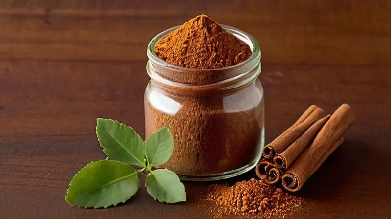 La canela: beneficios, tipos y precauciones en su consumo 4 Dos tipos de canela, Ceilán y Cassia, se exhiben juntos en una mesa de madera rústica, resaltando sus diferencias de textura y color, con un frasco de canela molida y hojas verdes de fondo