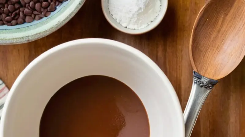 Un acogedor mostrador de cocina de madera presenta ingredientes como chocolate, crema, azúcar, huevos y vainilla, creando una atmósfera cálida y deliciosa