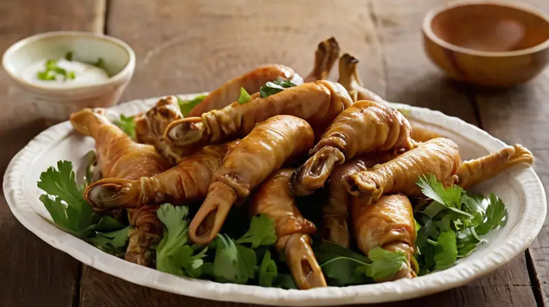 Patas de pollo doradas y crujientes se presentan artísticamente en una tabla de madera rústica, adornadas con cilantro y limones, emitiendo un aroma tentador