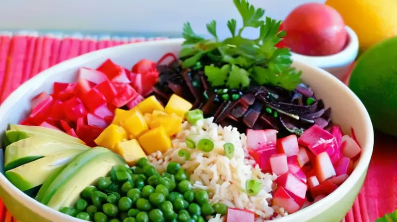 Poke bowls: Deliciosas recetas de poke para disfrutar en casa 5 Un colorido poke bowl con atún fresco, aguacate, rábanos, mango, arroz y aderezos, presentado de manera apetecible