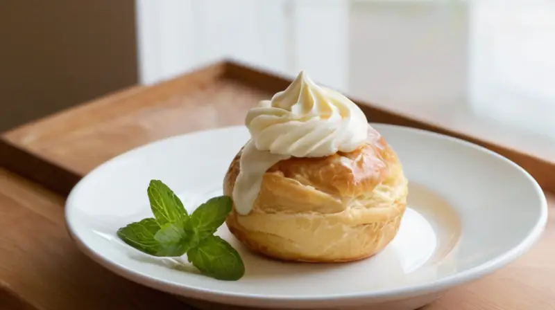Profiteroles dorados y brillantes, con masa choux crujiente y suave relleno de crema de vainilla, en un acogedor ambiente de cocina iluminado por luz natural