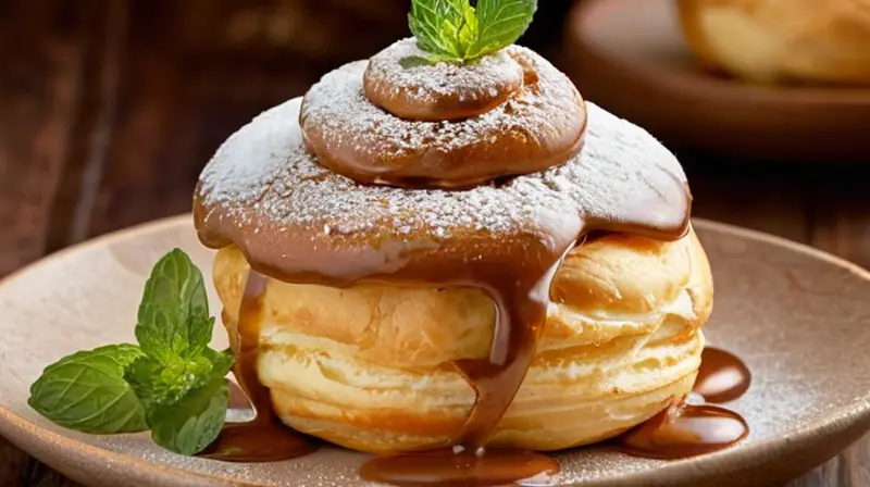 Profiteroles dorados y brillantes con relleno de crema de vainilla, presentados en un plato rústico con un toque de cacao y menta, que invitan a degustarlos