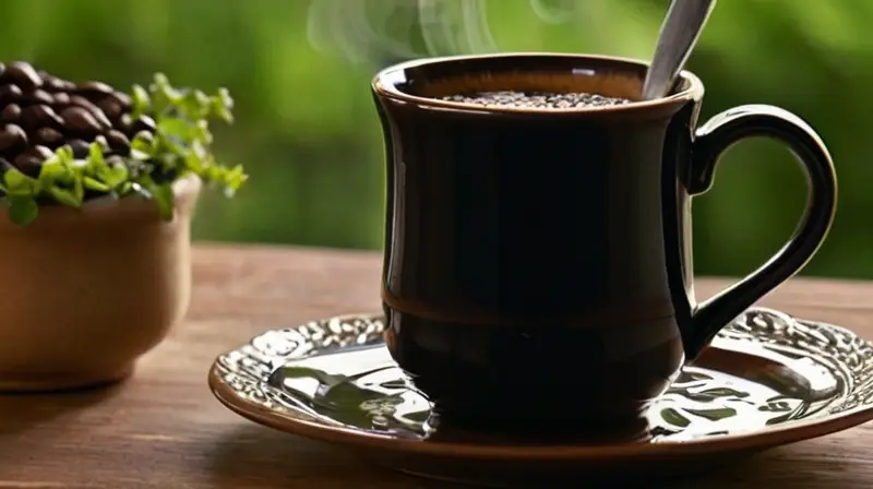 Que es el café: Beneficios, riesgos y consumo moderado 7 Una mesa de madera rústica con luz cálida, una taza de café humeante, un bollo dorado y un ambiente acogedor rodeado de plantas verdes