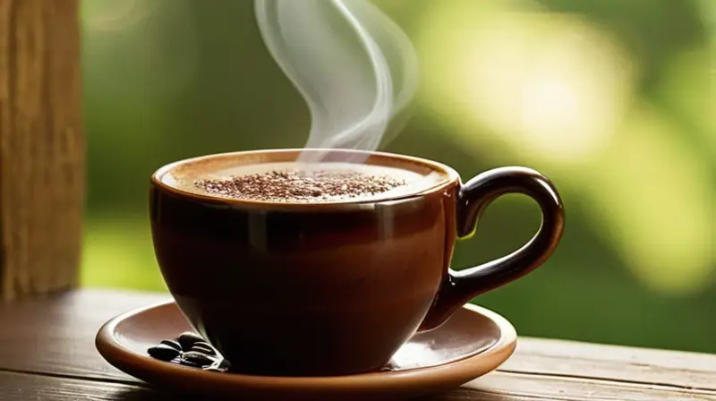 Que es el café: Beneficios, riesgos y consumo moderado 6 Una taza de café humeante sobre una mesa de madera rústica, con luz suave y un ambiente acogedor