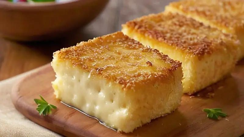 Deliciosos cuadrados de queso frito dorado con una textura crujiente y cremosa, acompañados de hierbas y una salsa para mojar