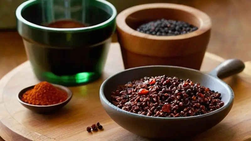 Un rústico mostrador de madera con especias, salsas y vegetales frescos, iluminado por luz natural, evoca calidez y aromas invitantes