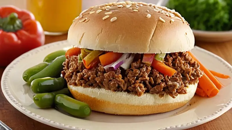 Una mesa rústica de madera presenta un plato de sloppy joe con carne, cebolla y pimientos, acompañado de bollos tostados, encurtidos crujientes y ensalada de col, todo iluminado por la luz natural en un ambiente acogedor