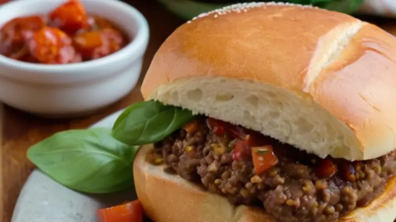 Una acogedora cocina rústica presenta un delicioso plato de hamburguesas con ingredientes frescos y coloridos, todo iluminado por la cálida luz del sol